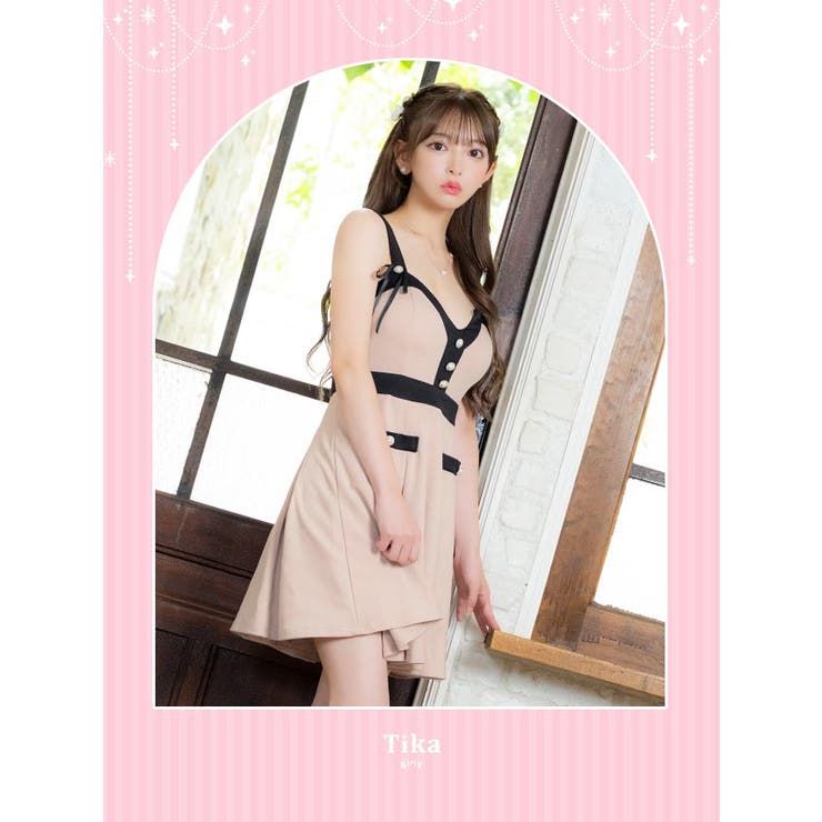 パールフェイクボタンパイピングフレアミニドレス ガーリードレス 袖なし | Tika | 詳細画像1 