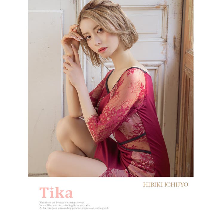 ハーフジップクロスウエストミニドレス レース レース袖[品番