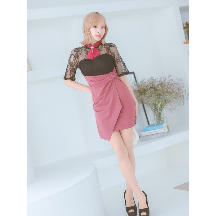 ネックリボンハイウエスト切替ラップタイトミニドレス ガーリードレス クラシカルド… | Tika | 詳細画像3 