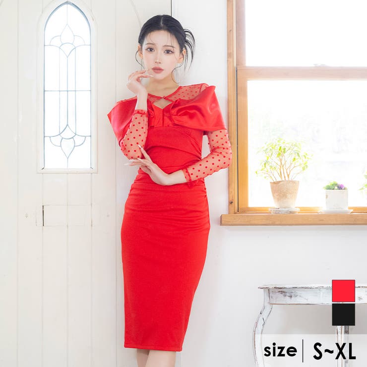レッド | バストビッグリボンシアースリーブタイトミディアムドレス セクシードレス 袖あり | Tika