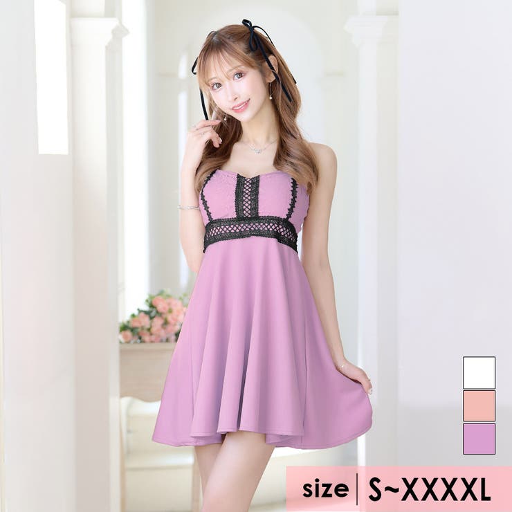 ラベンダー | ブラックレースパイピングサイハイウエストマークAラインミニドレス ガーリードレス | Tika