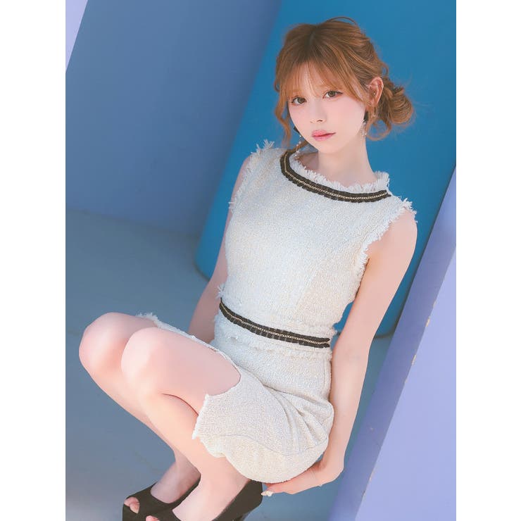パイピング×フリンジツイードタイトミニドレス ガーリードレス