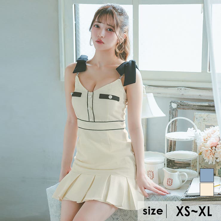 アイボリー | リボンショルダー×パイピングデザインボックスプリーツフレアミニドレス ガーリード… | Tika
