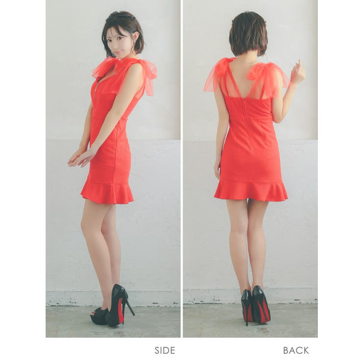 チュールリボンショルダー×ハーフジップフリルタイトミニドレス ガーリードレス | Tika | 詳細画像6 