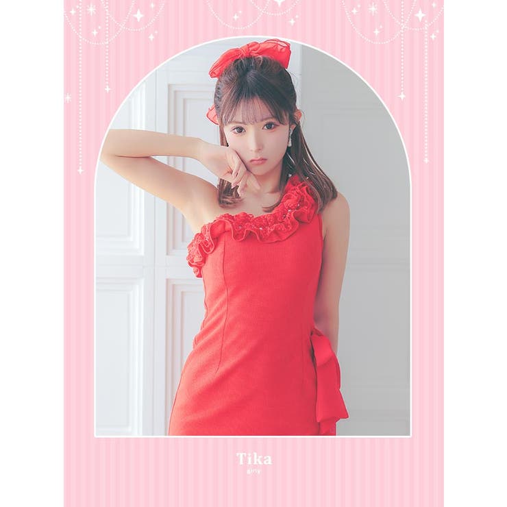 ワンショルダーフリル×サイドリボンタイトミニドレス ガーリードレス | Tika | 詳細画像1 
