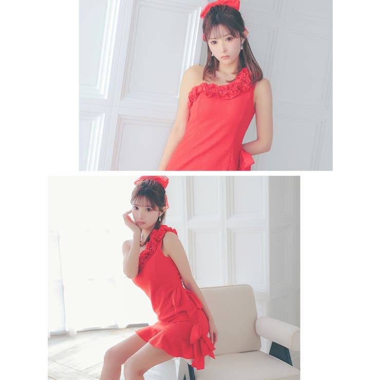 ワンショルダーフリル×サイドリボンタイトミニドレス ガーリードレス | Tika | 詳細画像2 