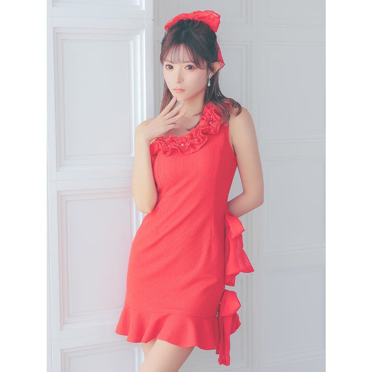 ワンショルダーフリル×サイドリボンタイトミニドレス ガーリードレス | Tika | 詳細画像3 