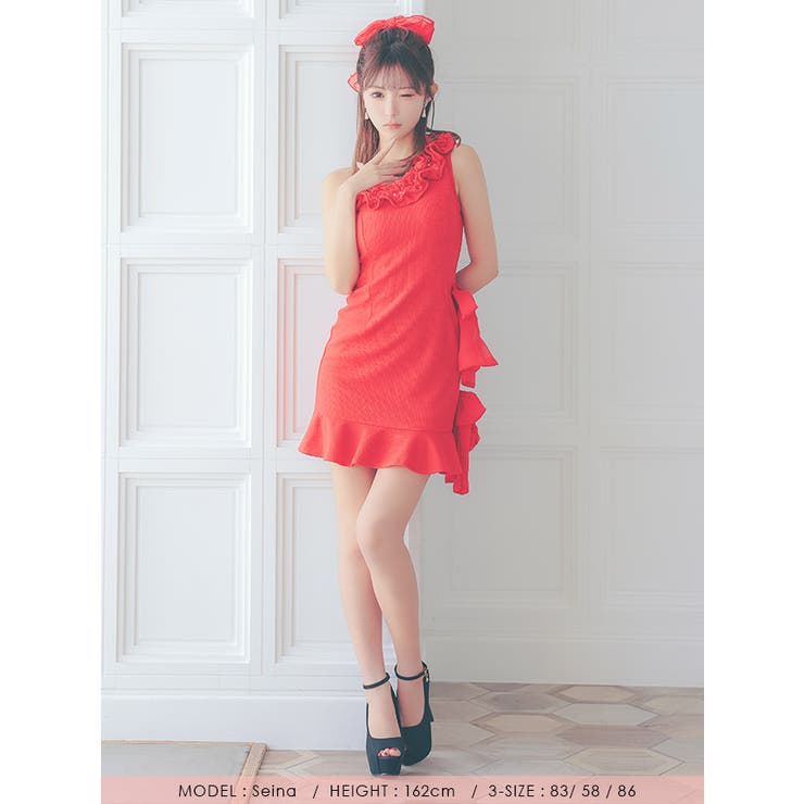 ワンショルダーフリル×サイドリボンタイトミニドレス ガーリードレス | Tika | 詳細画像4 