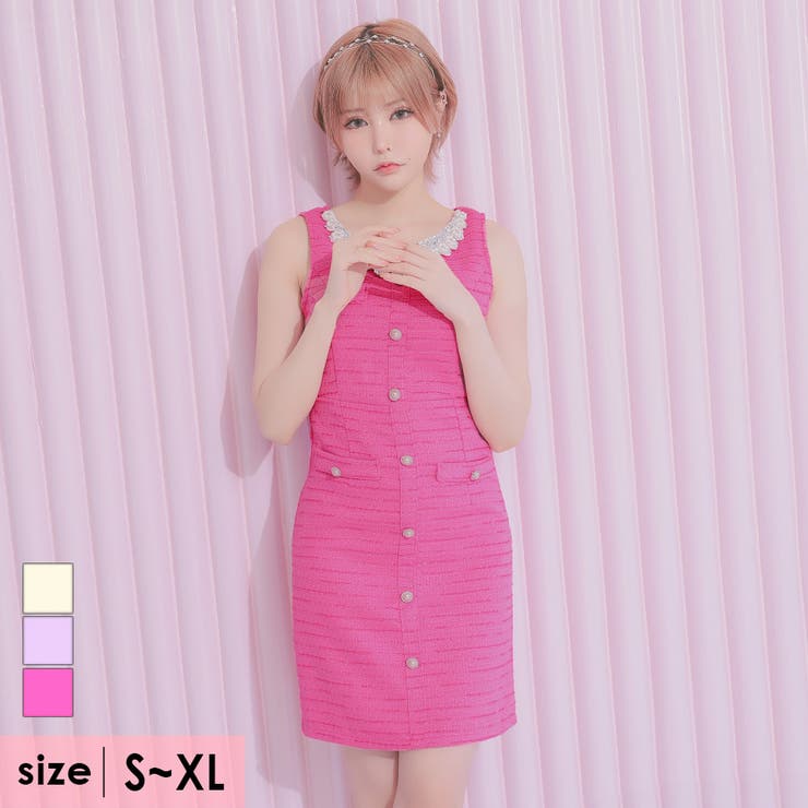 フラワーモチーフビジューネックツイードタイトミニドレス ガーリードレス  袖なし[品番：XK000012685]｜Tika（ティカ）のレディースファッション通販｜SHOPLIST（ショップリスト）