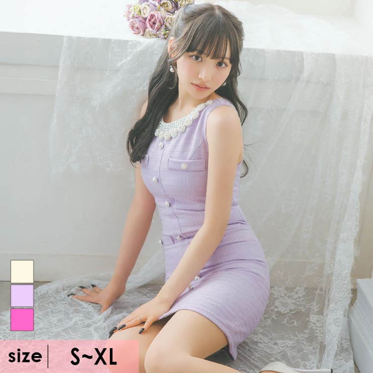 ラベンダー | フラワーモチーフビジューネックツイードタイトミニドレス ガーリードレス 袖なし | Tika