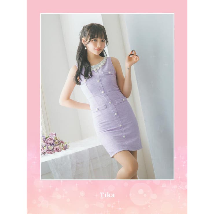 フラワーモチーフビジューネックツイードタイトミニドレス ガーリードレス 袖なし | Tika | 詳細画像1 