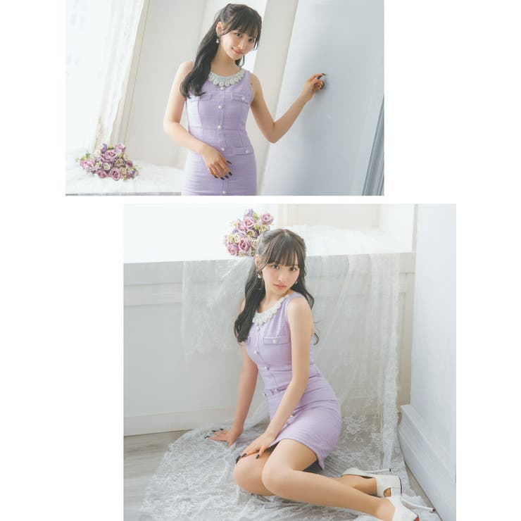 フラワーモチーフビジューネックツイードタイトミニドレス ガーリードレス 袖なし | Tika | 詳細画像2 