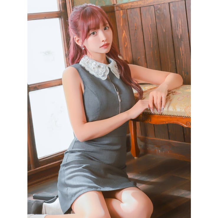 Tika 襟付きビジュー刺繍ハーフジップフレアドレス ガーリードレス | Tika | 詳細画像4 