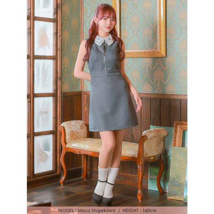 Tika 襟付きビジュー刺繍ハーフジップフレアドレス ガーリードレス | Tika | 詳細画像5 