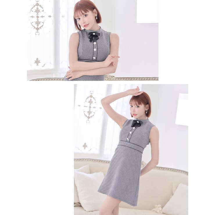 クラシカル×ガーリー千鳥柄ハイウエストマークミニドレス