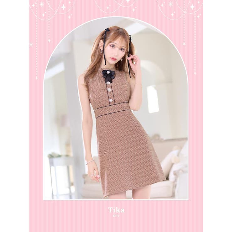 クラシカル×ガーリー千鳥柄ハイウエストマークミニドレス