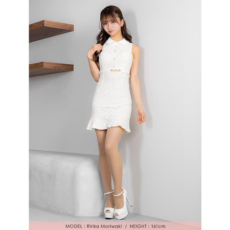 レトロガーリーフラワーレース×ドット襟付きタイトミニドレス