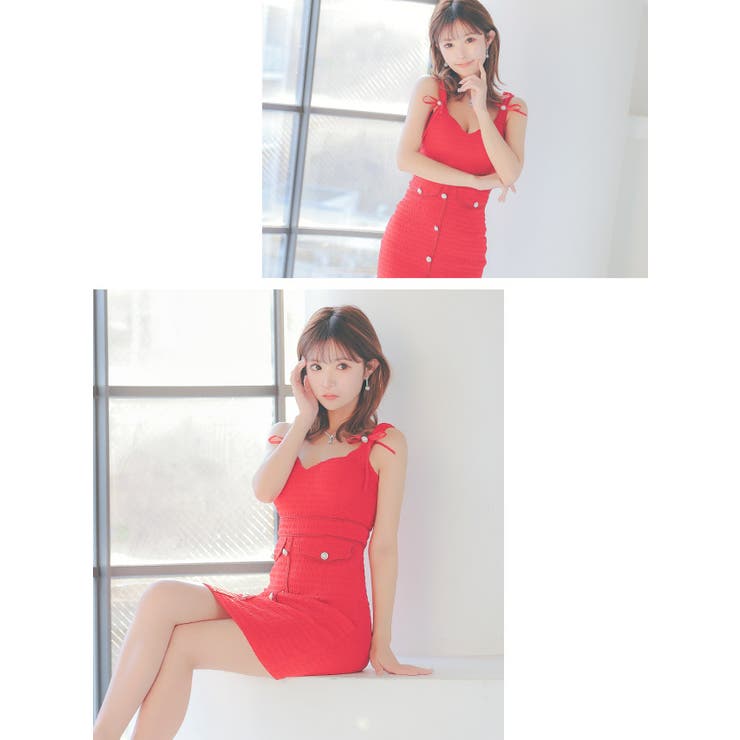 リボンブローチ付きワッフル素材タイトミニドレス ガーリードレス クリスマスドレス | Tika | 詳細画像2 