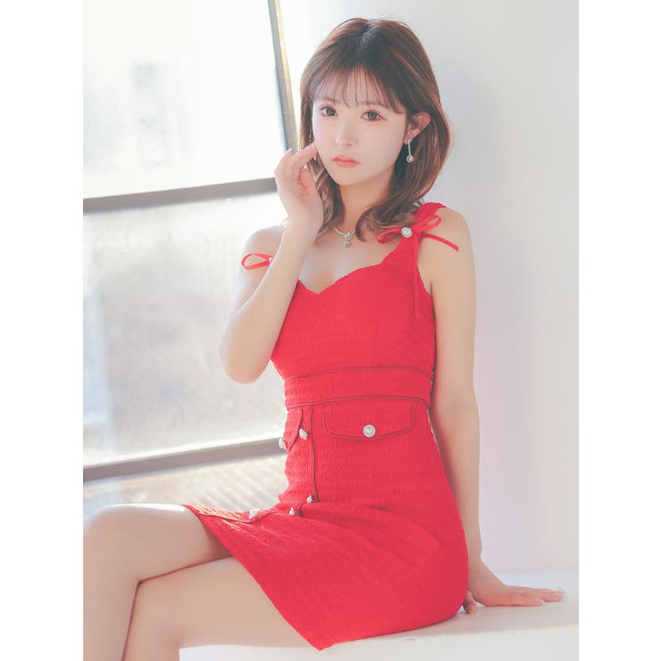 リボンブローチ付きワッフル素材タイトミニドレス ガーリードレス クリスマスドレス | Tika | 詳細画像3 