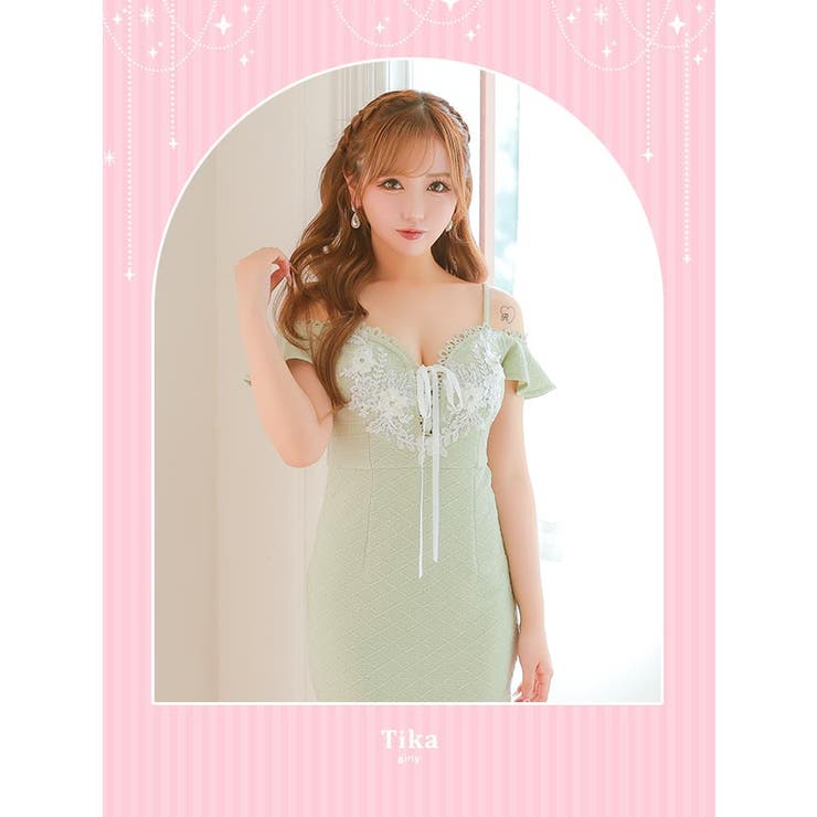 レースパイピングバストカットオープンショルダータイトミニドレス ガーリードレス | Tika | 詳細画像1 