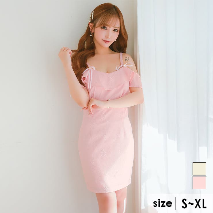 ピンク | リボンブローチ付きハイウエストタイトミニドレス ガーリードレス 袖なし | Tika