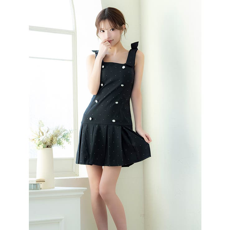 Tika ビジューボタンリボンショルダープリーツフレアミニドレス ガーリードレス | Tika | 詳細画像7 