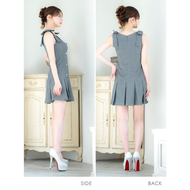 Tika ビジューボタンリボンショルダープリーツフレアミニドレス ガーリードレス | Tika | 詳細画像6 