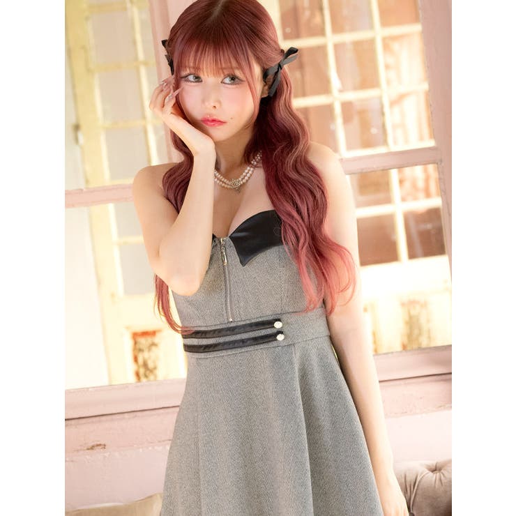 ツイード調×レザー切り替えビスチェフレアミニドレス ガーリードレス 袖なし | Tika | 詳細画像3 