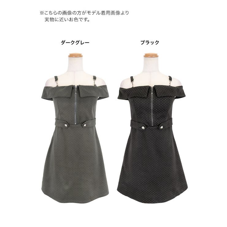 ドット柄×ベルト付きオフショルダーフレアミニドレス ガーリードレス | Tika | 詳細画像7 