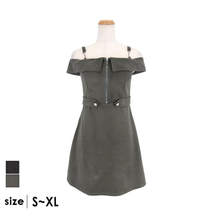 ダークグレー | ドット柄×ベルト付きオフショルダーフレアミニドレス ガーリードレス | Tika