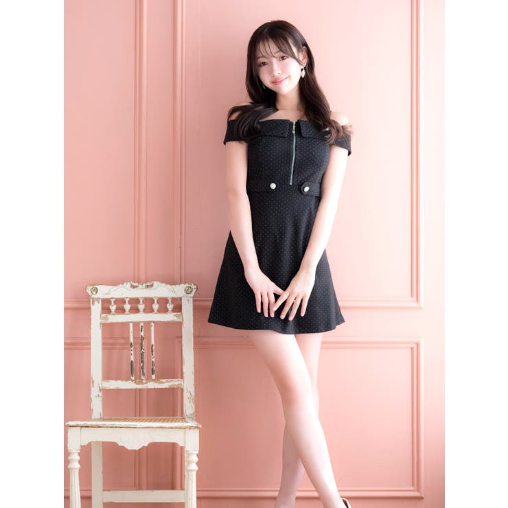 ドット柄×ベルト付きオフショルダーフレアミニドレス ガーリードレス | Tika | 詳細画像2 