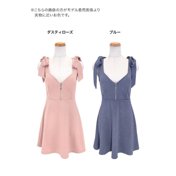 Tika 肩リボンフロントジッパービジューフレアミニドレス キャバドレス | Tika | 詳細画像13 