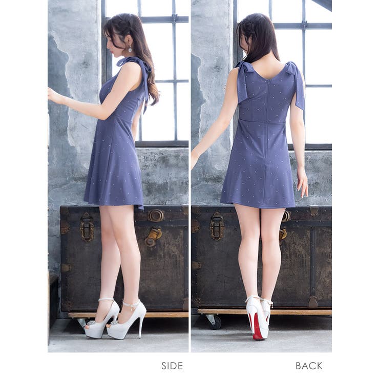 Tika 肩リボンフロントジッパービジューフレアミニドレス キャバドレス | Tika | 詳細画像12 