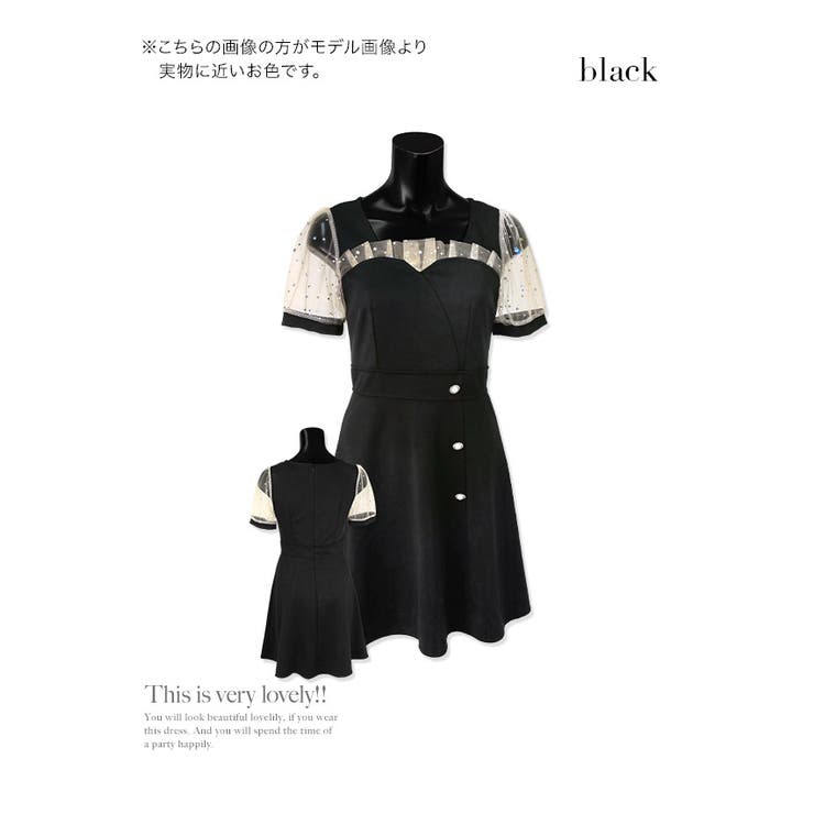 キャバドレスミニドレスフレアドレス袖あり半袖シースルー袖AラインウエストマークS-XLサイズ大きいサイズブラック水玉ドット柄私服普段着デートTikaティカ愛沢えみり