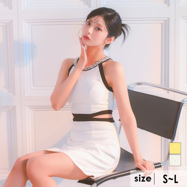 ホワイト | Tika キャバドレス ビジューネックウエストカットバイカラータイトミニドレス | Tika