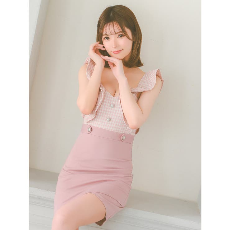 ギンガムチェックフリルハイウエストチューリップ風タイトミニドレス ガーリードレス | Tika | 詳細画像4 