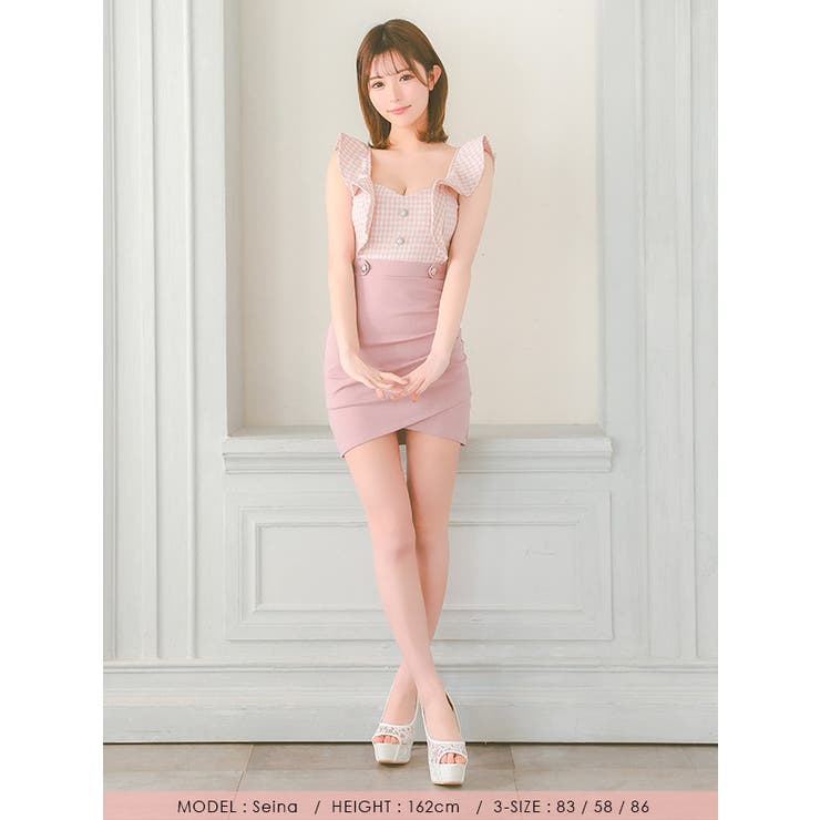 ギンガムチェックフリルハイウエストチューリップ風タイトミニドレス ガーリードレス | Tika | 詳細画像5 