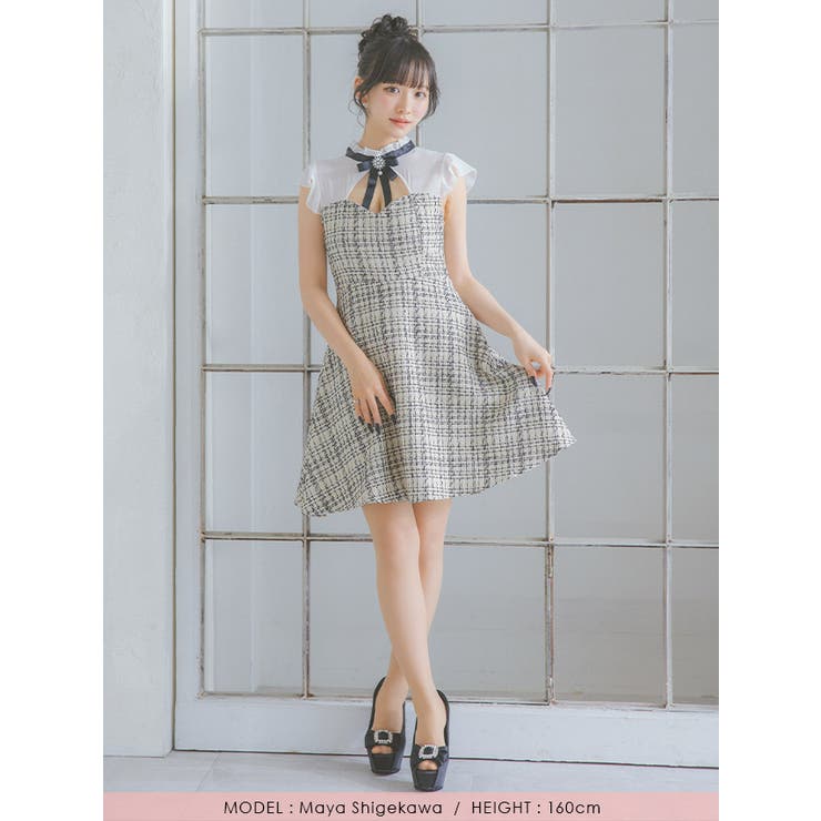シアー×ツイードバストカットAラインフレアミニドレスガーリードレスフレアドレスツイードドレス袖なしフレンチスリーブキャバドレスキャバドレスS-XLサイズ大きいサイズブラックアイボリー重川茉弥Tikaティカ