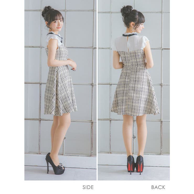 シアー×ツイードバストカットAラインフレアミニドレスガーリードレスフレアドレスツイードドレス袖なしフレンチスリーブキャバドレスキャバドレスS-XLサイズ大きいサイズブラックアイボリー重川茉弥Tikaティカ
