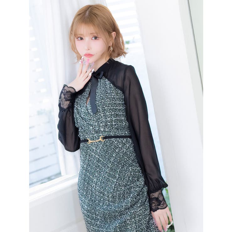 シースルースリーブ×ツイードクラシカルミニドレス ガーリードレス クラシカルドレス | Tika | 詳細画像5 