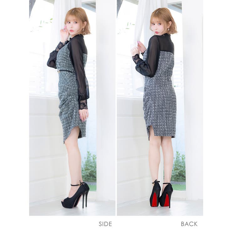 シースルースリーブ×ツイードクラシカルミニドレス ガーリードレス クラシカルドレス | Tika | 詳細画像7 