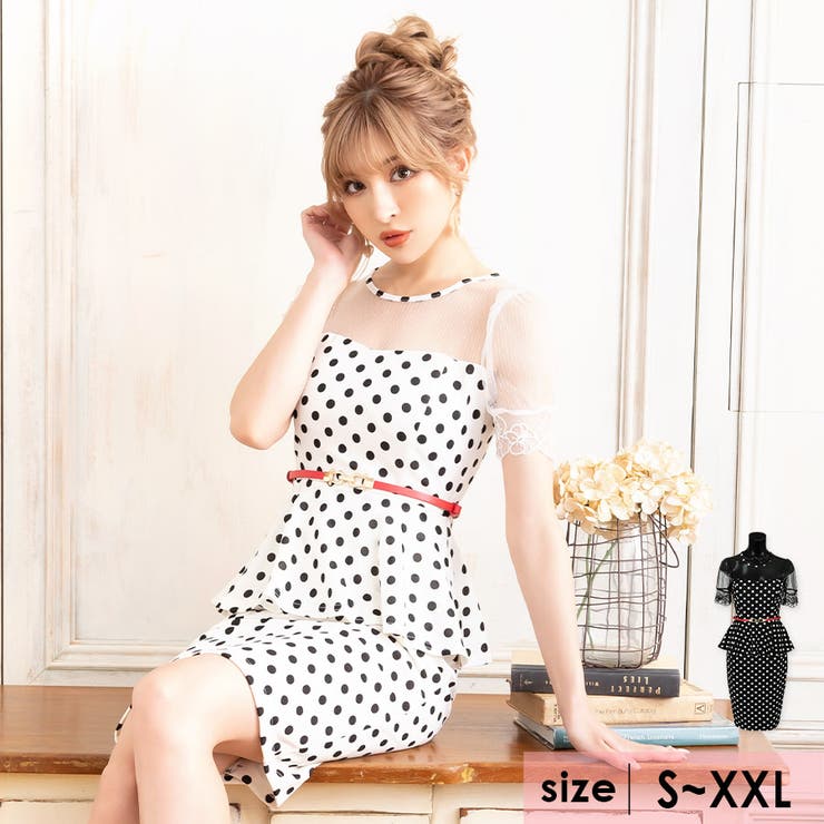 ドット柄ペプラムミディアムドレス ワンピース ペプラム[品番  