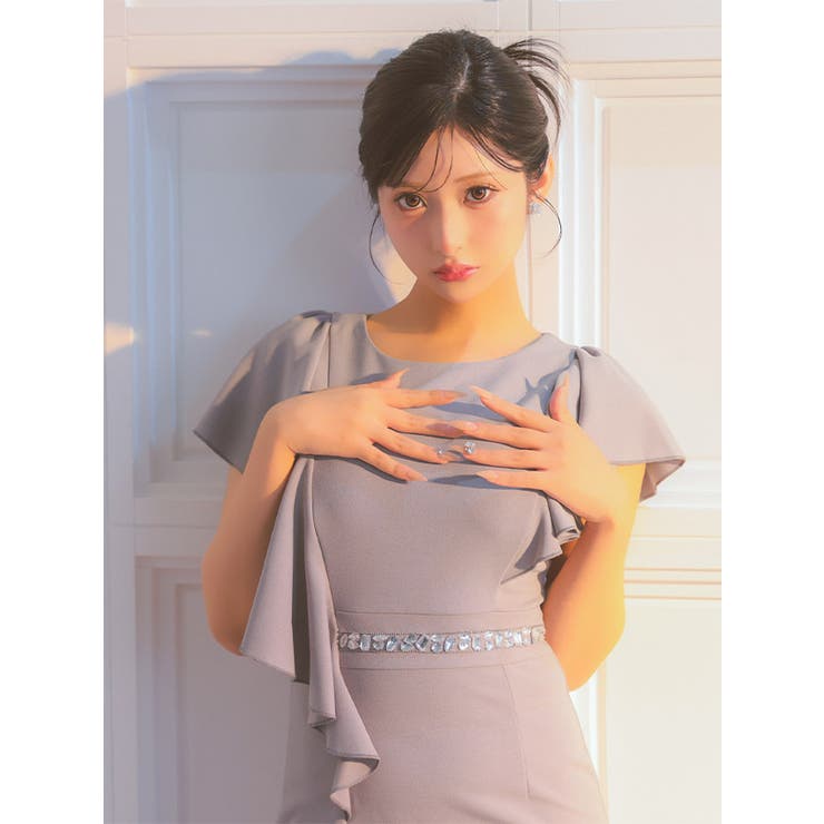 Tika キャバドレス ウエストビジューアシンメトリーフリルスリーブタイト膝丈ド… | Tika | 詳細画像2 