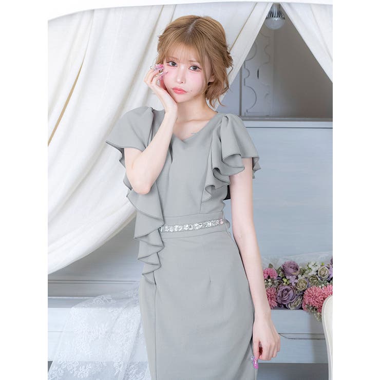 ビジューウエストマークフリルスリーブミディアムドレス エレガントドレス 袖なし | Tika | 詳細画像4 