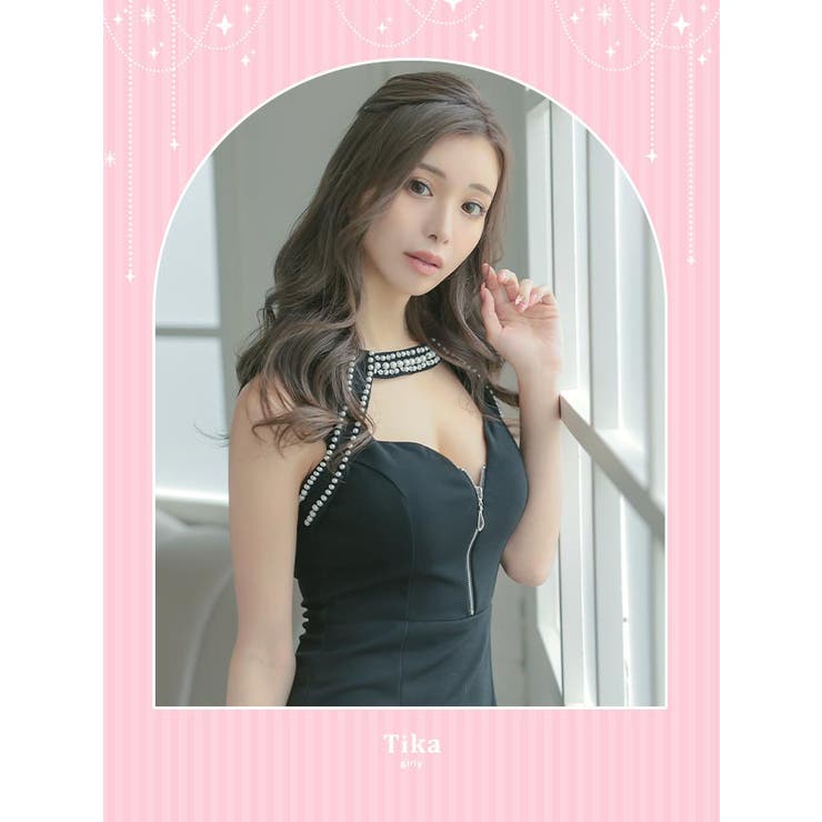 パール×ハーフジップラグジュアリータイトミニドレス セクシー
