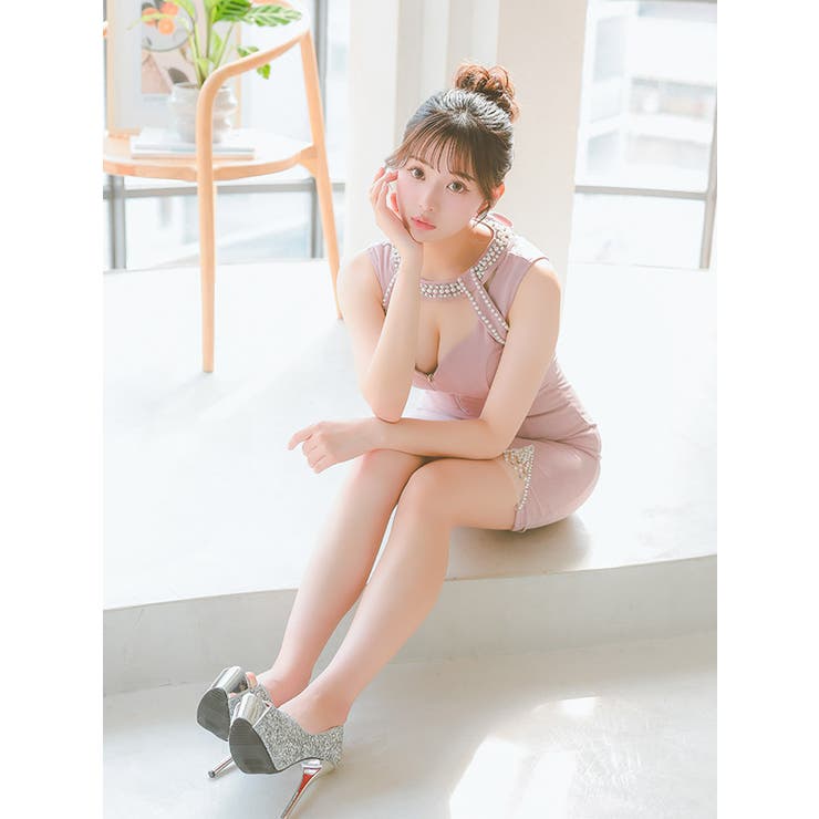 パール×ハーフジップラグジュアリータイトミニドレス セクシー