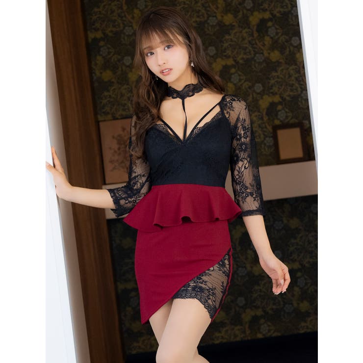 デコルテコードレーシーアシンメトリーペプラムミニドレス セクシードレス | Tika | 詳細画像1 