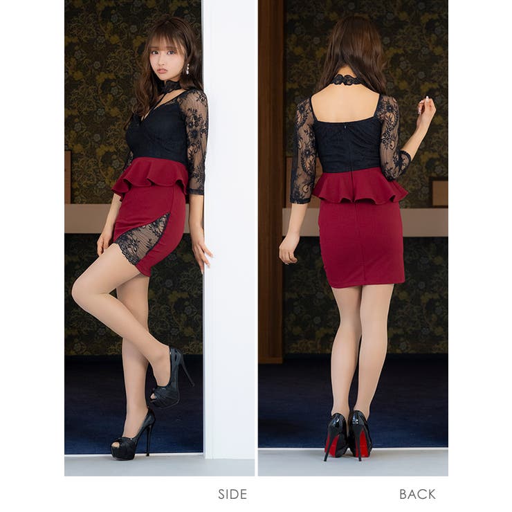 新品　セルフポートレイト　ローズレース　ペプラム　ミニ　ドレス　ワンピース デコルテコードレーシーアシンメトリーペプラムミニドレス