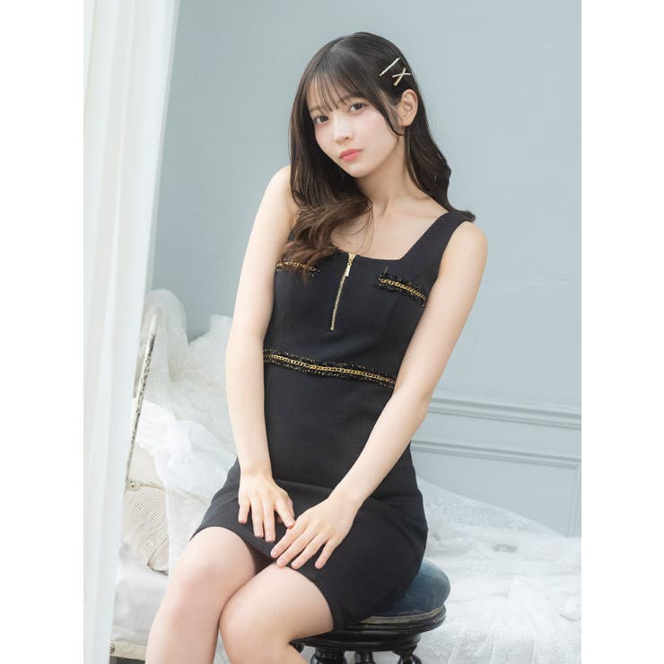 Tika キャバドレス ツイード風チェーン付きフロントジップタイトミニドレス | Tika | 詳細画像14 