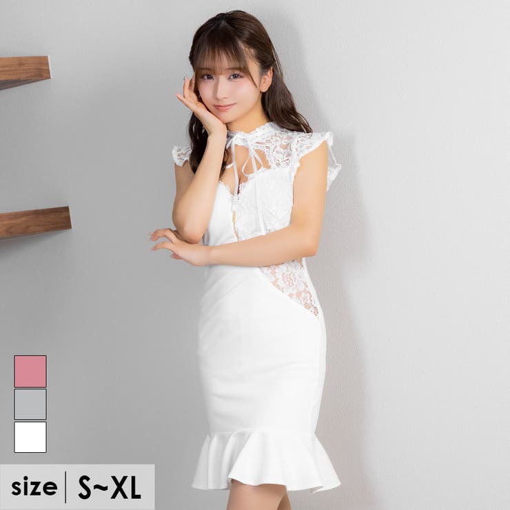 ホワイト | モックネックハーフジップレースカットタイトミニドレス セクシードレス 袖なし | Tika